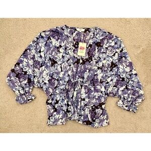 NWT Entro Women Blouse Small Purple Blue Floral Smocked Waist Dolman Sleeve